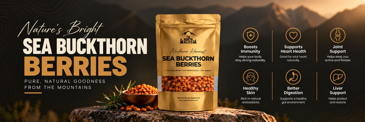 The North Bliss Sea Buckthorn Berries pouch in a mountain setting, highlighting immunity, antioxidants and natural skin glow