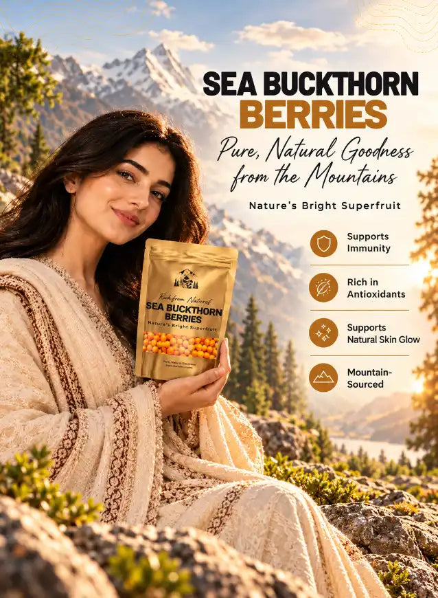 Pakistani woman holding The North Bliss Sea Buckthorn Berries pouch with mountain backdrop, highlighting immunity, antioxidants, natural skin glow and mountain-sourced goodness