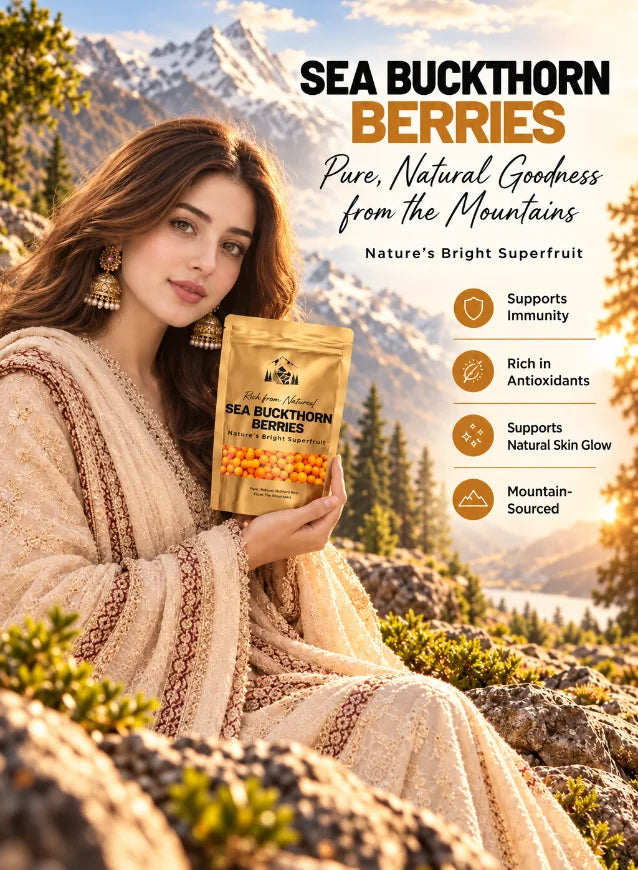 Pakistani woman holding The North Bliss Sea Buckthorn Berries pouch with mountain backdrop, highlighting immunity, antioxidants, natural skin glow and mountain-sourced goodness