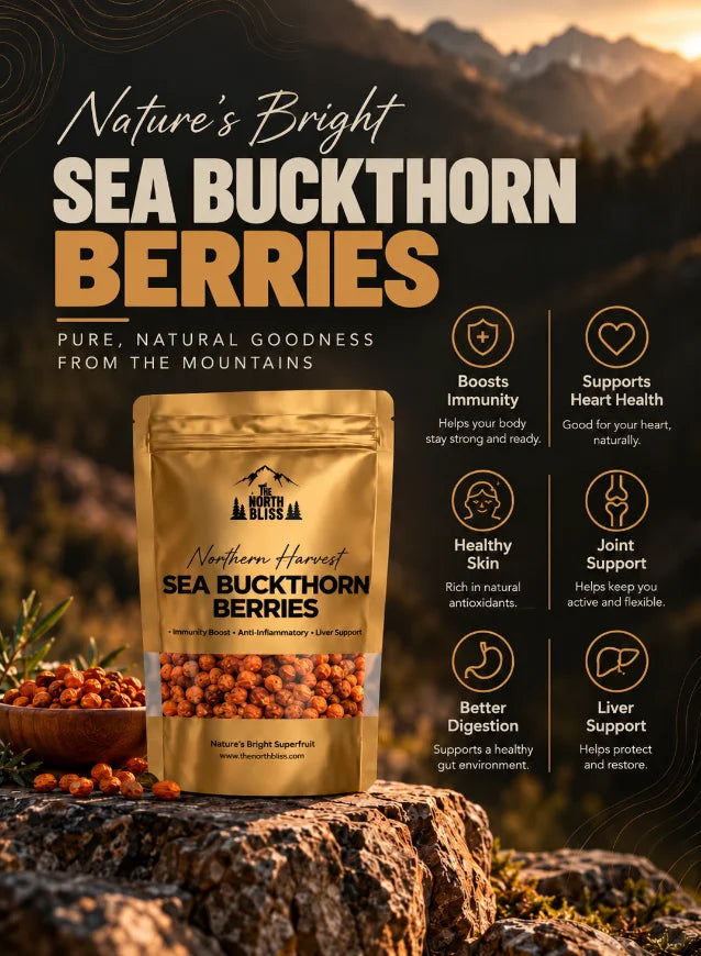 A stand-up pouch of Northern Bliss Sea Buckthorn Berries displayed on a rocky surface with loose berries and a bowl nearby. The background shows a mountain landscape at sunset, with large promotional text reading 'Nature's Bright Sea Buckthorn Berries' and benefit icons on the right.