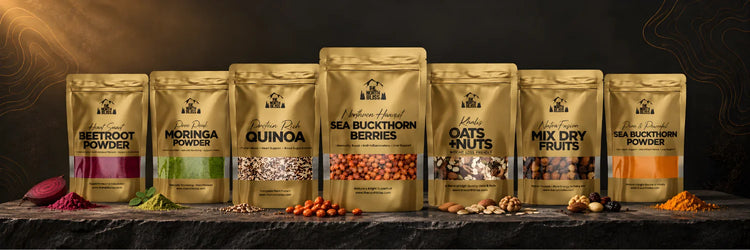 The North Bliss natural food collection featuring dried sea buckthorn berries, beetroot powder, moringa powder, quinoa, oats and nuts, mixed dry fruits, and sea buckthorn powder.