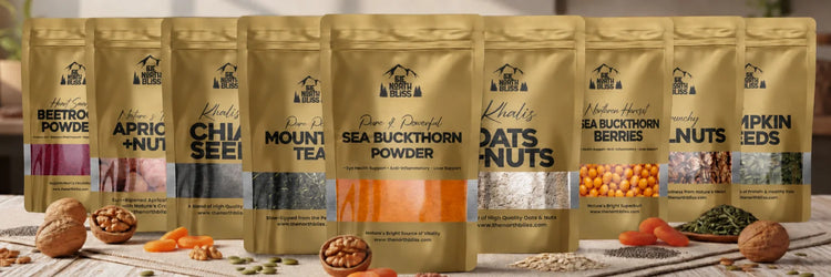 The North Bliss natural superfoods collection with sea buckthorn powder, chia seeds, pumpkin seeds, oats, nuts, beetroot powder and mountain tea
