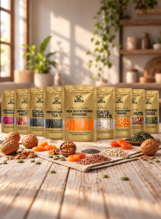 The North Bliss natural superfoods collection featuring sea buckthorn powder, chia seeds, pumpkin seeds, oats, nuts, beetroot powder, apricot nuts and mountain tea