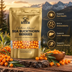 Dried Sea Buckthorn Berries 120g with product benefits in English by The North Bliss