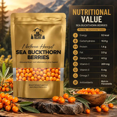 The North Bliss Dried Sea Buckthorn Berries 120g product image with nutrition facts label