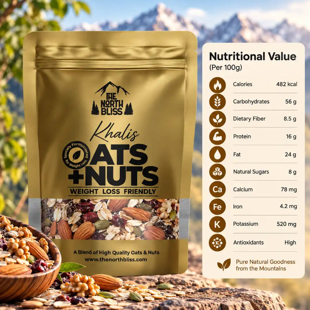 The North Bliss Khalis Oats and Nuts 500g nutritional value and nutrition information