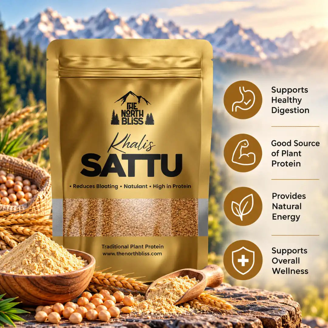Khalis Sattu benefits - 100% pure roasted chickpea flour by The North Bliss
