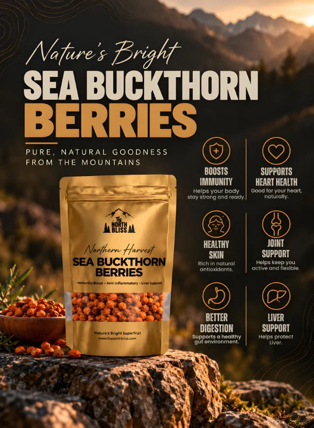 The North Bliss dried sea buckthorn berries in a gold pouch against a mountain backdrop, with icons highlighting immunity, heart, skin, joints, digestion, and liver wellness.