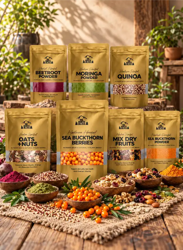 The North Bliss superfoods featuring Sea Buckthorn Berries, Quinoa, Moringa, Beetroot, Oats, Nuts and Dry Fruits
