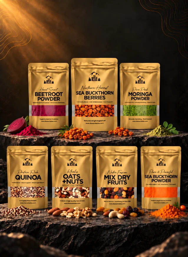 The North Bliss natural food collection featuring dried sea buckthorn berries, beetroot powder, moringa powder, quinoa, oats and nuts, mixed dry fruits, and sea buckthorn powder in premium gold pouches.