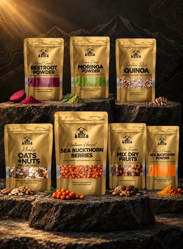 The North Bliss natural food collection featuring dried sea buckthorn berries, beetroot powder, moringa powder, quinoa, oats and nuts, mixed dry fruits, and sea buckthorn powder in premium gold pouches.