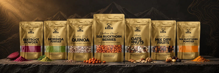 The North Bliss natural food collection featuring dried sea buckthorn berries, beetroot powder, moringa powder, quinoa, oats and nuts, mixed dry fruits, and sea buckthorn powder.